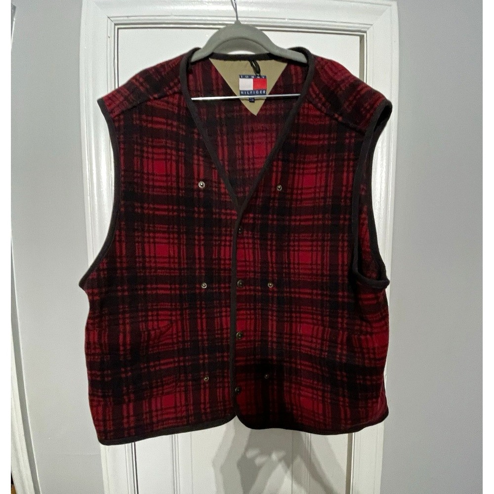 Vintage Tommy Hilfiger Men's L (46") Red Black Plaid Button Vest Lined Pockets